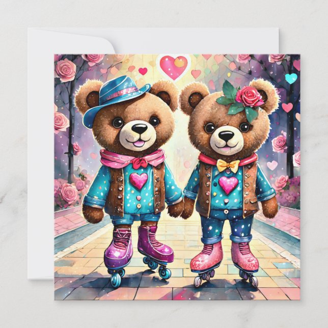 Roller skating Valentine teddy bears Holiday Card (Front)