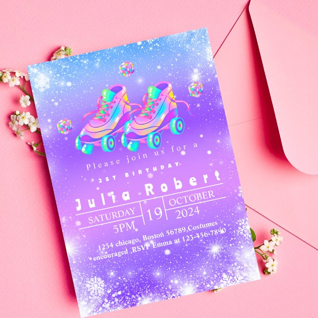 Roller Skating winter snow Birthday pink purple  Invitation (Creator Uploaded)