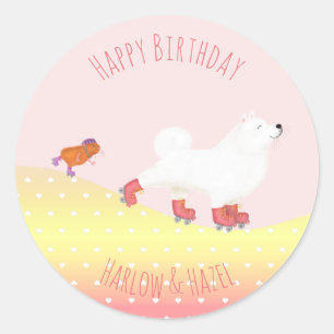 Rollerskating dog & guinea pig round stickers