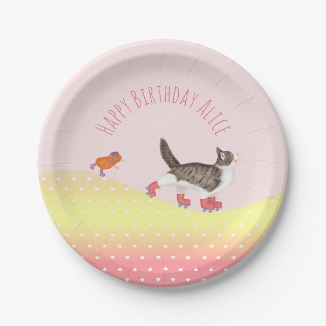 Rollerskating pets round paper party plate (Front)
