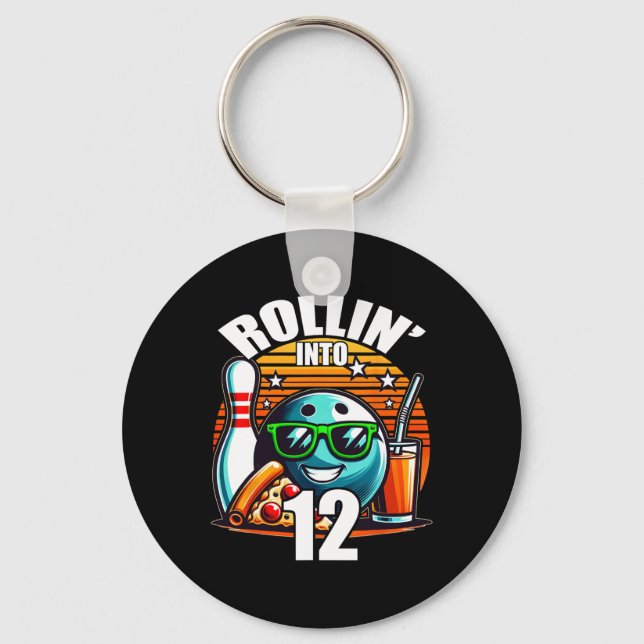 Rollin Into 12 Bowling Birthday Party 12th Birthda Key Ring (Front)