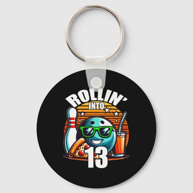 Rollin Into 13 Bowling Birthday Party 13th Birthda Key Ring (Front)
