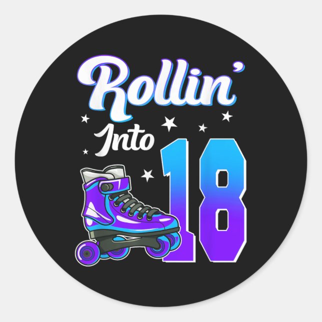 Rollin Into 18 Roller Skating Theme Birthday 18th  Classic Round Sticker (Front)