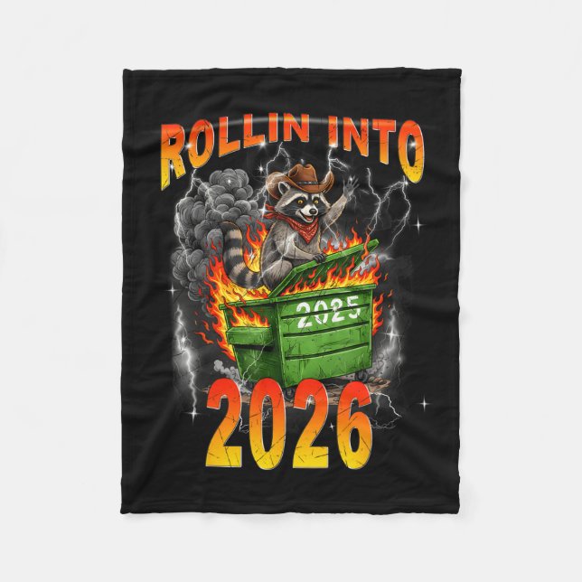 Rollin Into 2026 New Year 2026 Raccoon Cowboy Vint Fleece Blanket (Front)