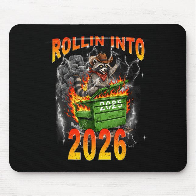 Rollin Into 2026 New Year 2026 Raccoon Cowboy Vint Mouse Pad (Front)