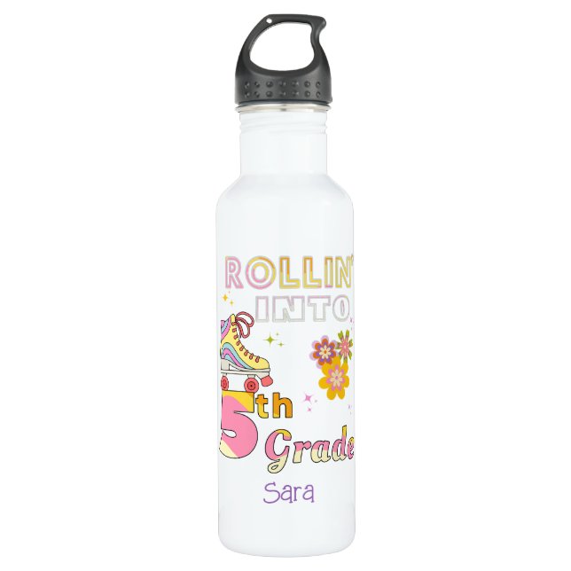 Rollin' Into 5th Grade Girls Retro Roller Skates 710 Ml Water Bottle (Front)