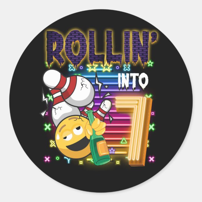 Rollin into 7 Bowling Birthday Party 7th Birthday  Classic Round Sticker (Front)