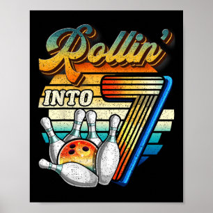 Rollin Into 7 Bowling Birthday Party 7th Birthday Poster