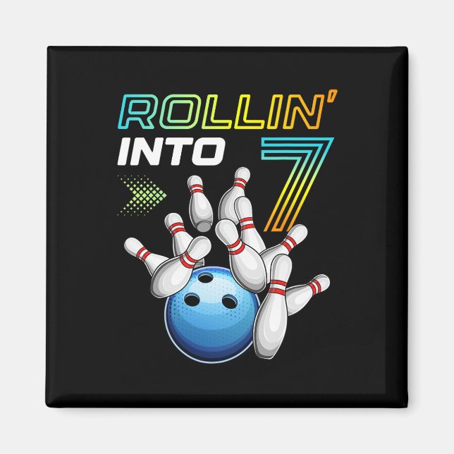 Rollin Into 7 Retro Bowling Birthday Party 7th Bir Magnet (Front)