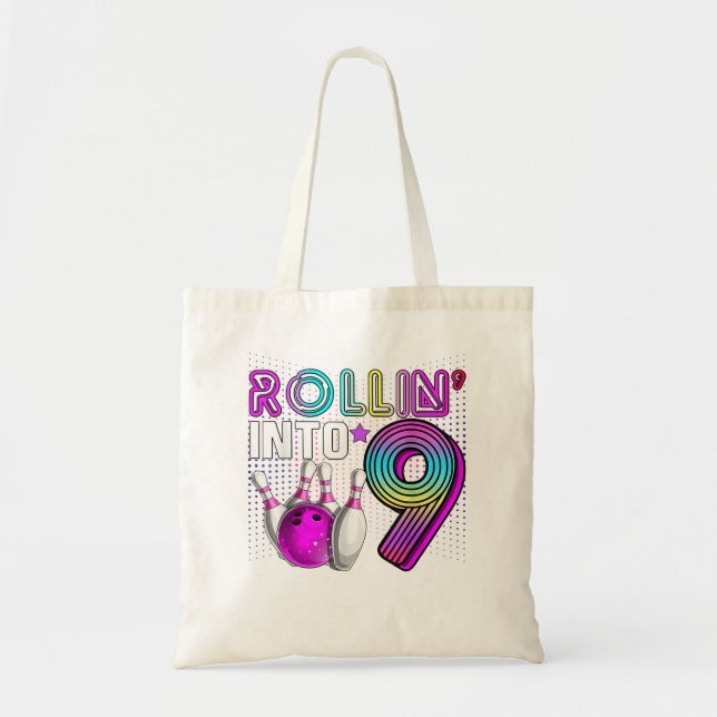 Rollin into 9 Bowling Birthday Party 9th Birthday  Tote Bag (Front)