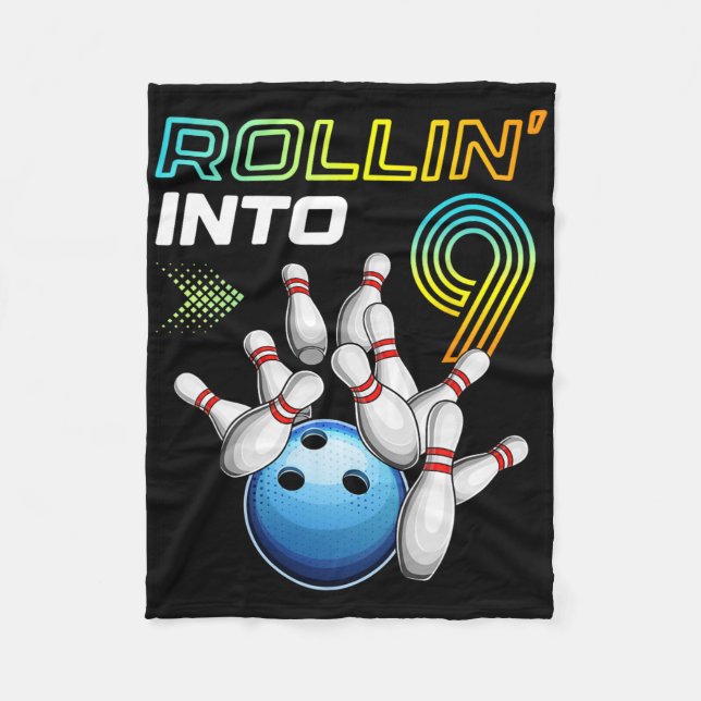 Rollin Into 9 Retro Bowling Birthday Party 9th Bir Fleece Blanket (Front)