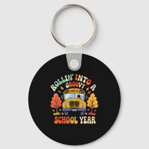 Rollin Into A Groovy School Year Retro School Bus  Key Ring