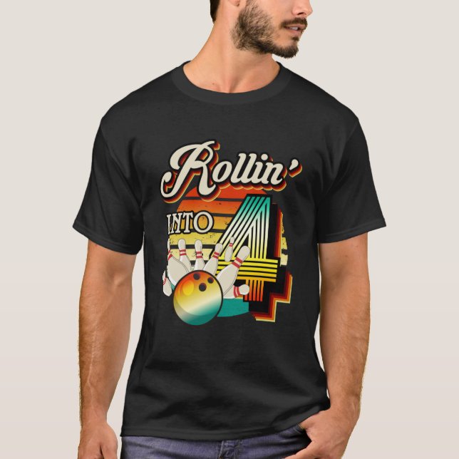 Rollin into Bowling 4 Year Old Retro Birthday 4th  T-Shirt (Front)