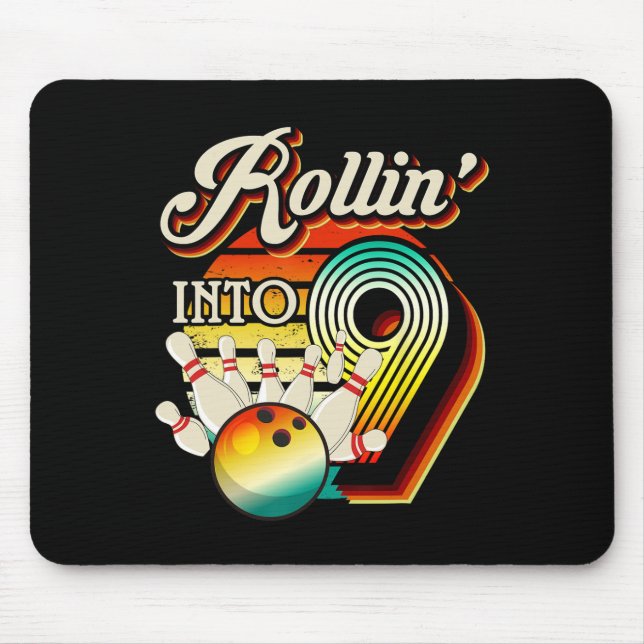 Rollin Into Bowling 9 Year Old Retro Birthday 9th  Mouse Pad (Front)