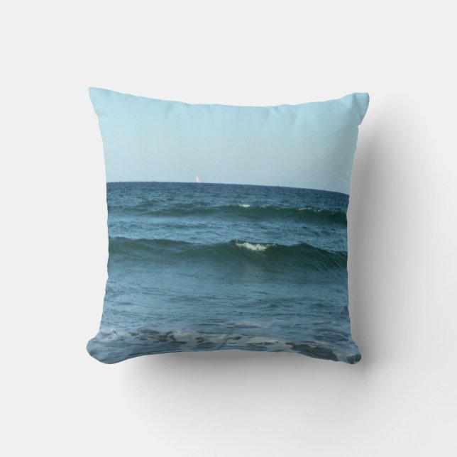Rolling Blue Waves With Distant Sailboat Horizon Cushion (Front)
