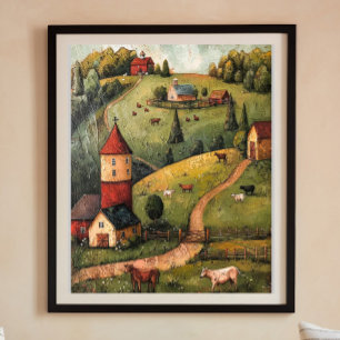 Rolling Hill Farm House Folk Art Oil Painting Poster