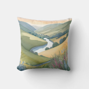 Rolling Hills Landscape   Watercolor Beautiful Cushion