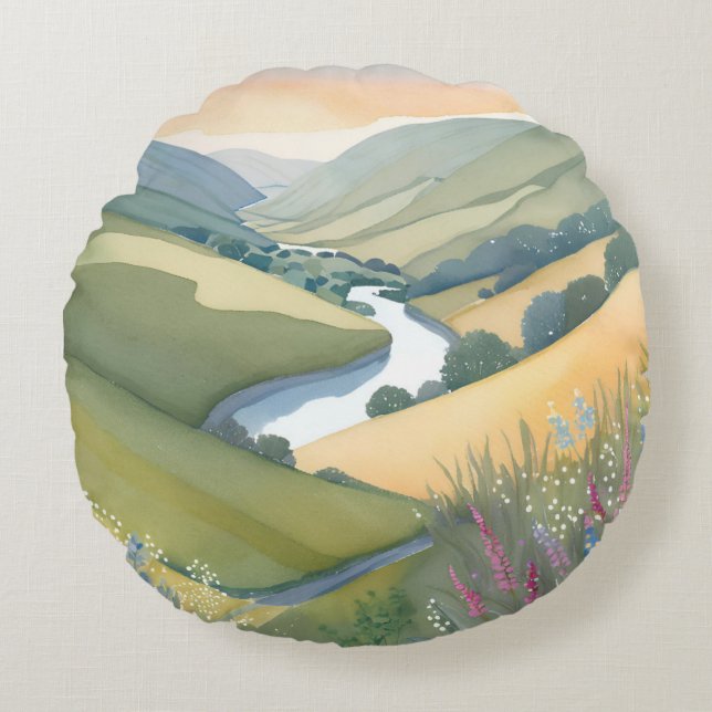 Rolling Hills Landscape | Watercolor Beautiful Round Cushion (Front)
