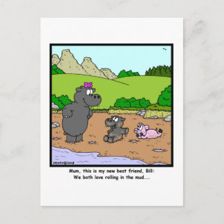 Rolling in the mud: Pig and Hippopotamus Cartoon Postcard