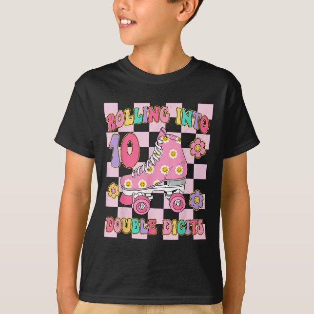 Rolling Into 10 Double Digits 10th Birthday Roller T-Shirt (Front)