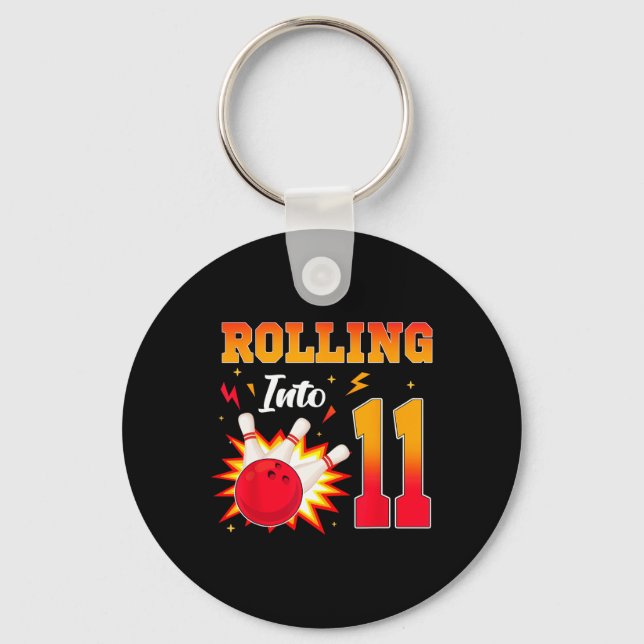 Rolling Into 11 Bowling Birthday Party 11 Year Old Key Ring (Front)