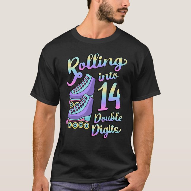 Rolling Into 14 Double Digits Roller Skates 14th B T-Shirt (Front)