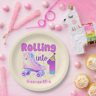 Rolling Into 1 - Cute Purple Roller Skate Birthday Paper Plate