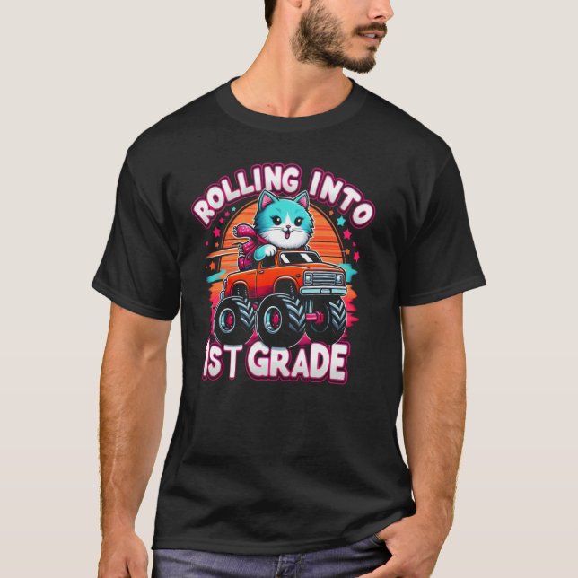 Rolling Into 1st Grade Back to School Cat T-Shirt (Front)