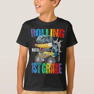 Rolling Into 1st Grade Monster Truck Dinosaur Boys T-Shirt