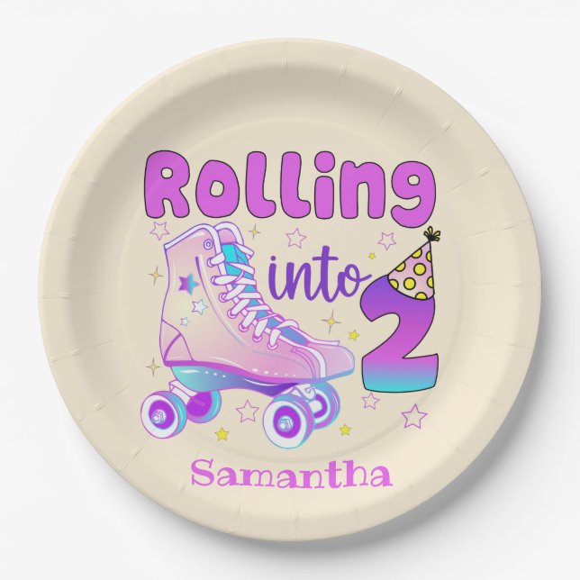 Rolling Into 2 - Cute Purple Roller Skate Birthday Paper Plate (Front)