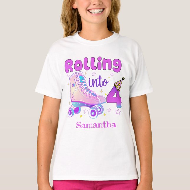 Rolling Into 4| Roller Skater Birthday Celebration T-Shirt (Front)