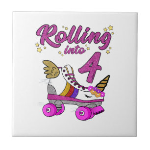 Rolling into 4th Birthday Shirt Unicorn Roller Ska Tile