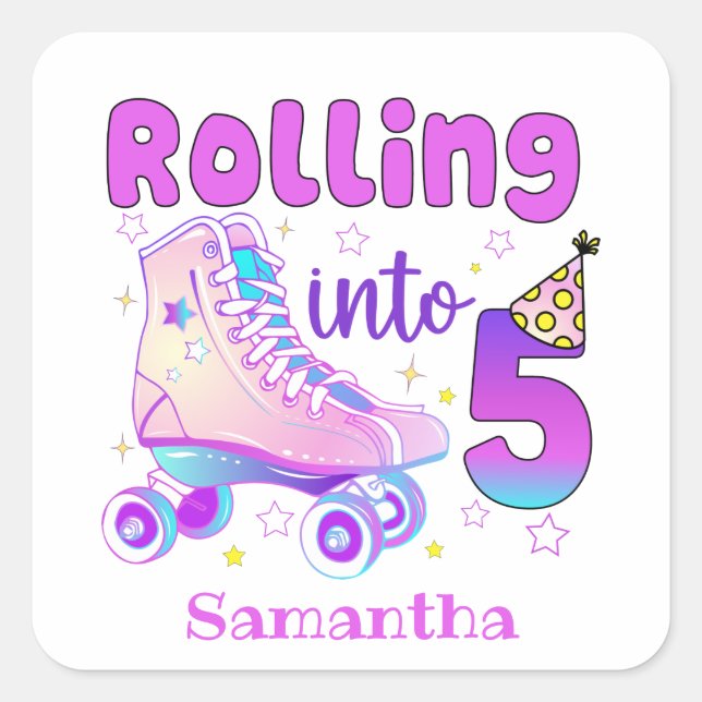 Rolling Into 5 - Cute Purple Roller Skate Birthday Square Sticker (Front)