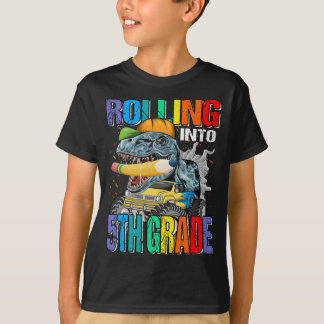 Rolling Into 5th Grade Monster Truck Dinosaur Boys T-Shirt