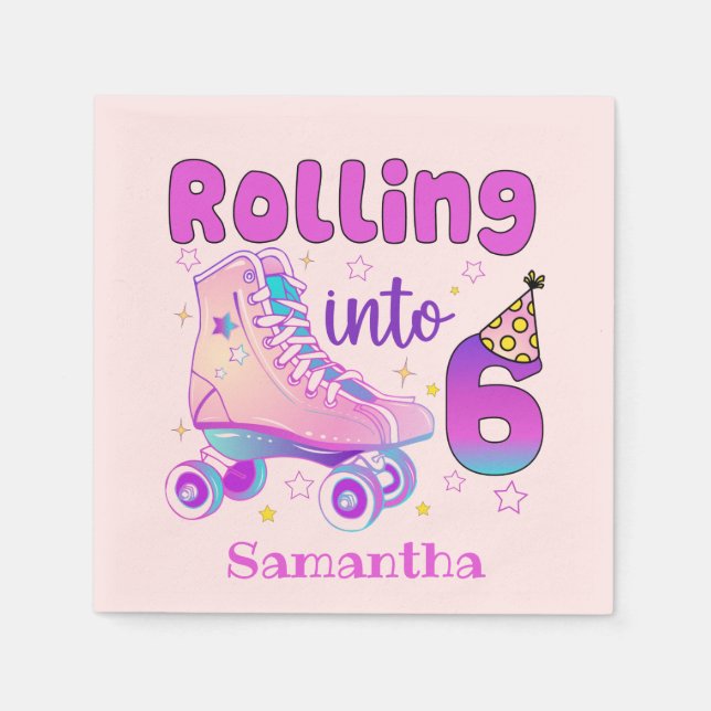 Rolling Into 6 - Cute Purple Roller Skate Birthday Napkin (Front)