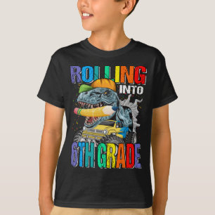 Rolling Into 6th Grade Monster Truck Dinosaur Boys T-Shirt
