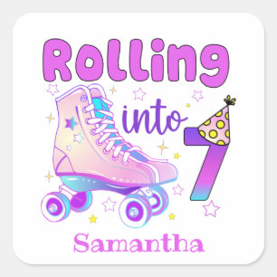 Rolling Into 7 Roller Skater Birthday Celebration Square Sticker