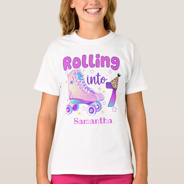 Rolling Into 7| Roller Skater Birthday Celebration T-Shirt (Front)