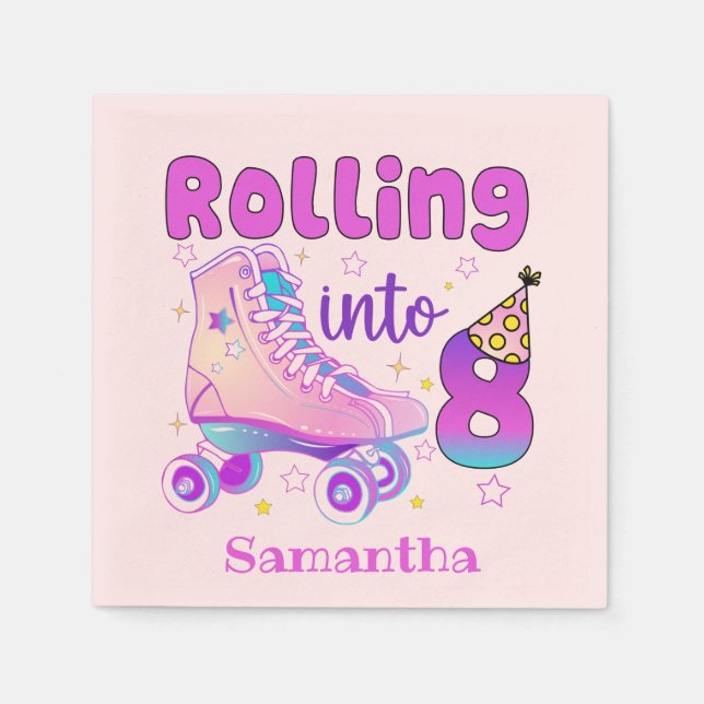 Rolling Into 8 - Cute Purple Roller Skate Birthday Napkin (Front)