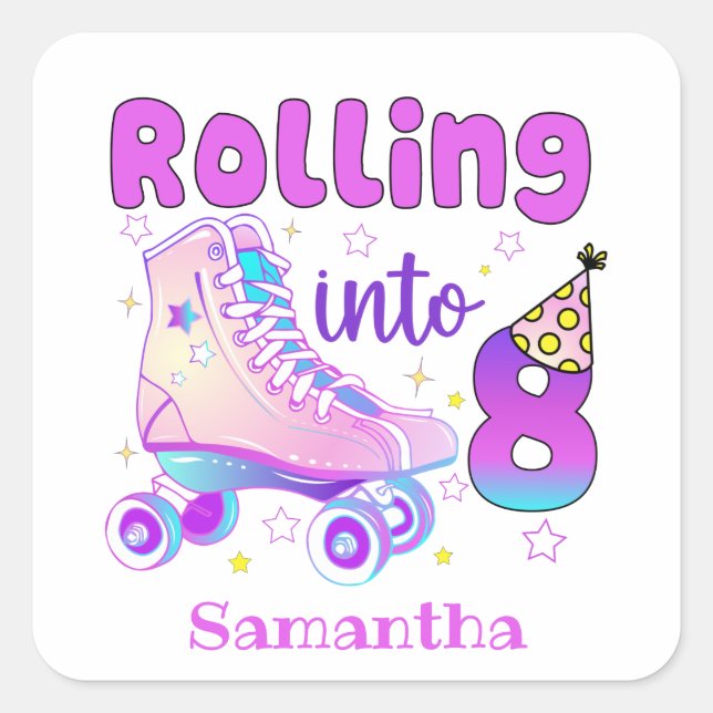 Rolling Into 8| Roller Skater Birthday Celebration Square Sticker (Front)