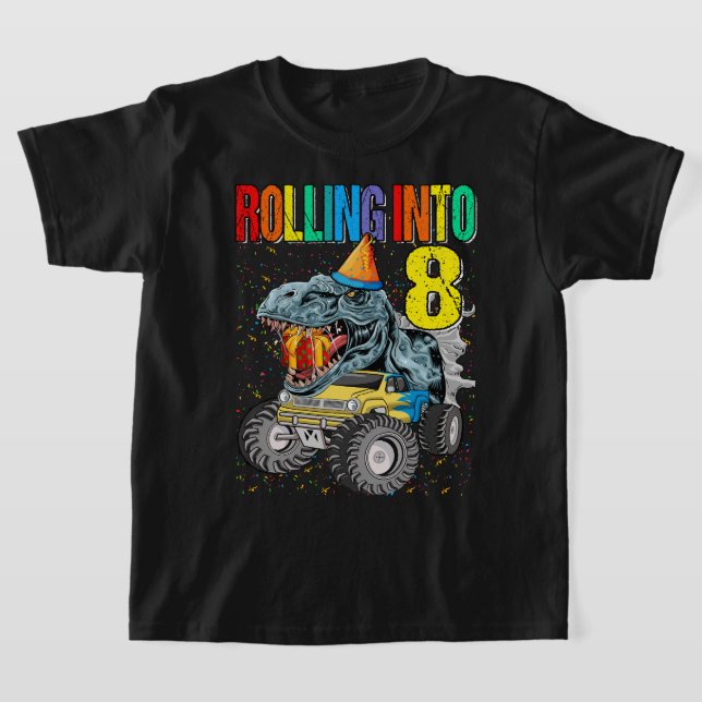 Rolling Into 8th Birthday Monster Truck Dinosaur T-Shirt (Laydown)