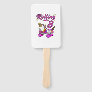 Rolling into 8th Birthday Shirt Unicorn Roller Ska Hand Fan