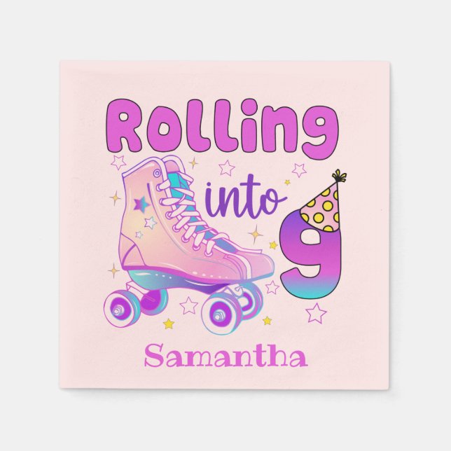 Rolling Into 9| Roller Skater Birthday Celebration Napkin (Front)