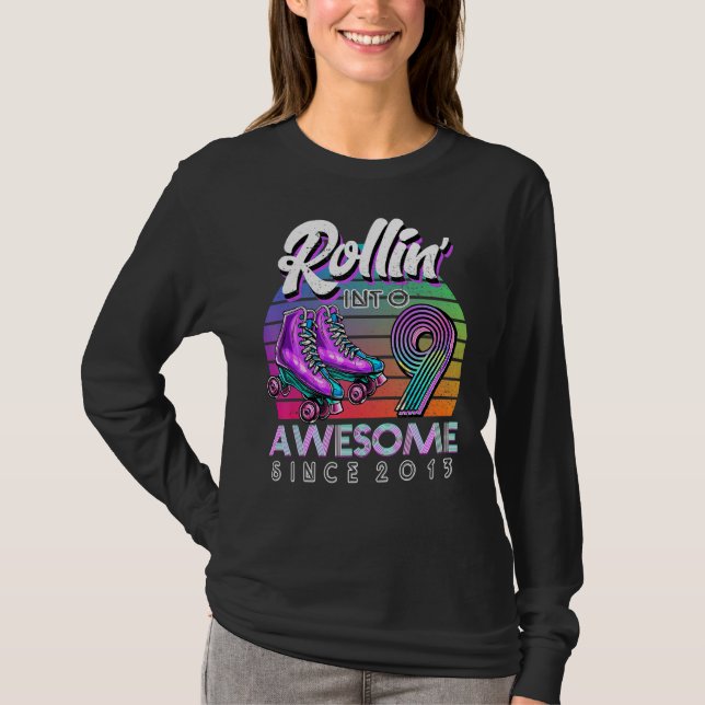 Rolling Into 9 Since 2013 Roller Skate 5th Birthda T-Shirt (Front)
