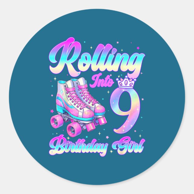 Rolling Into 9 Year Old Roller Skating 9th Birthda Classic Round Sticker (Front)