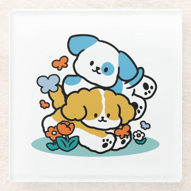 Rolling Into May Like Happy Pups – Cute Spring Dog Glass Coaster (Front)