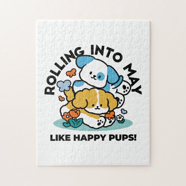 Rolling Into May Like Happy Pups – Cute Spring Dog Jigsaw Puzzle (Vertical)