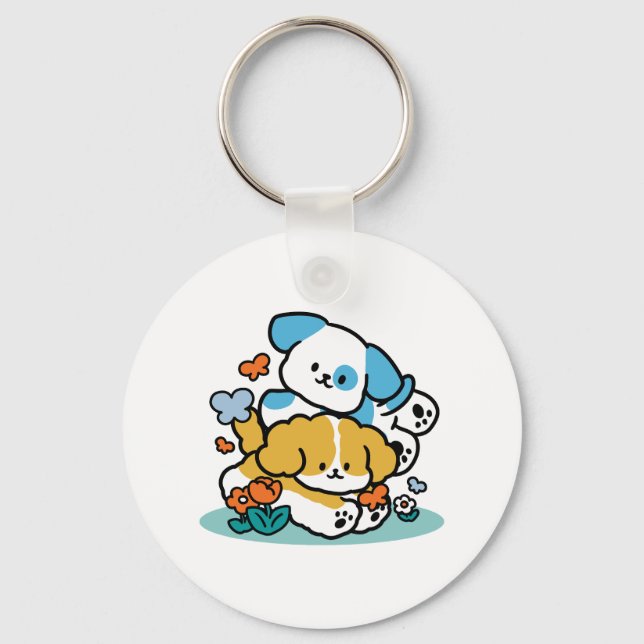 Rolling Into May Like Happy Pups – Cute Spring Dog Key Ring (Front)