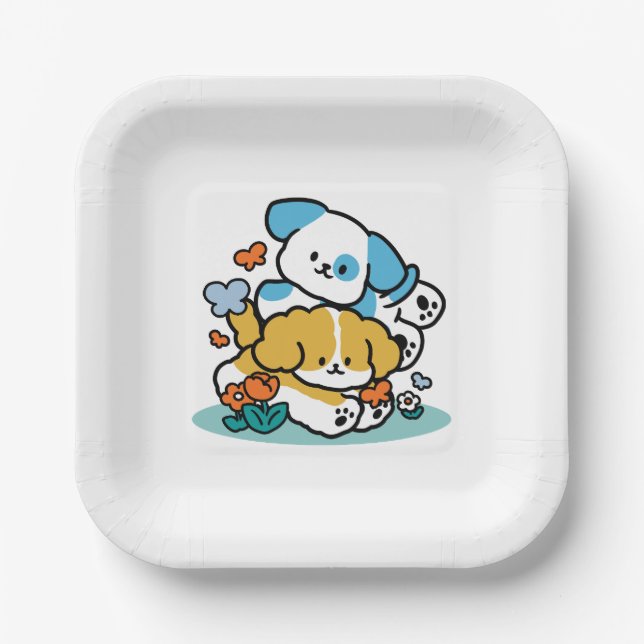 Rolling Into May Like Happy Pups – Cute Spring Dog Paper Plate (Front)