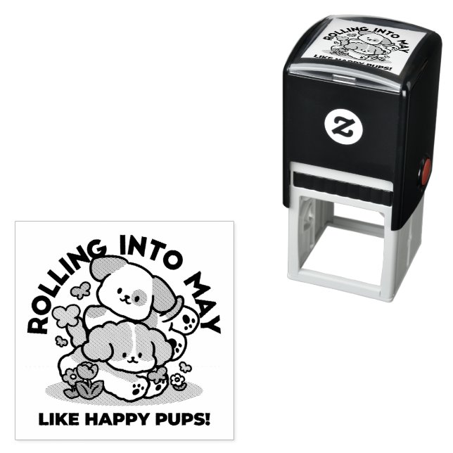 Rolling Into May Like Happy Pups – Cute Spring Dog Self-inking Stamp (In Situ)